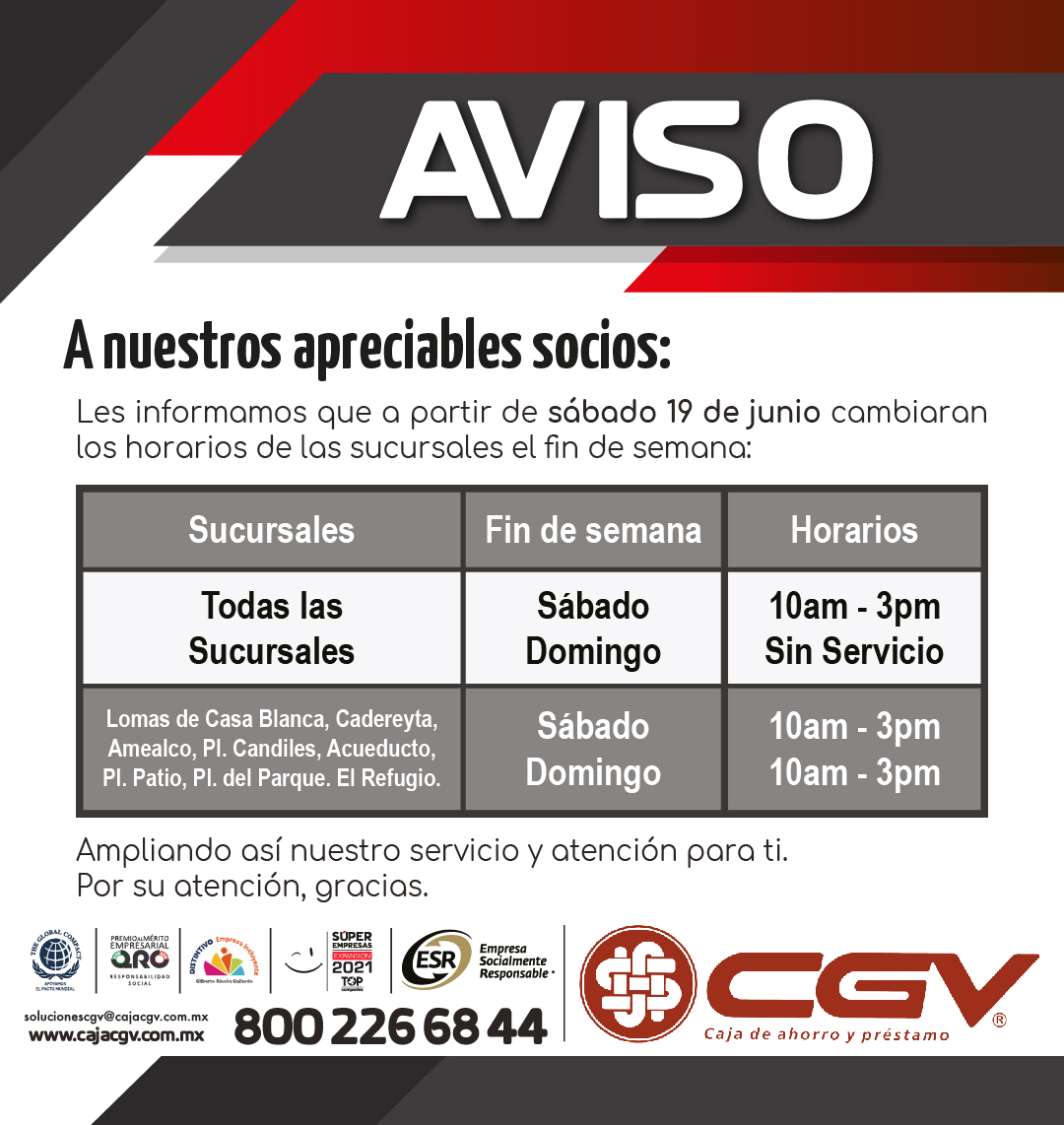 Horarios sucursales CGV